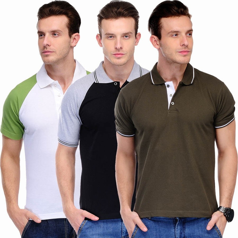 Scott International Solid Men Polo Neck Brown, Black, Grey, White, Green T-Shirt(Pack of 3)