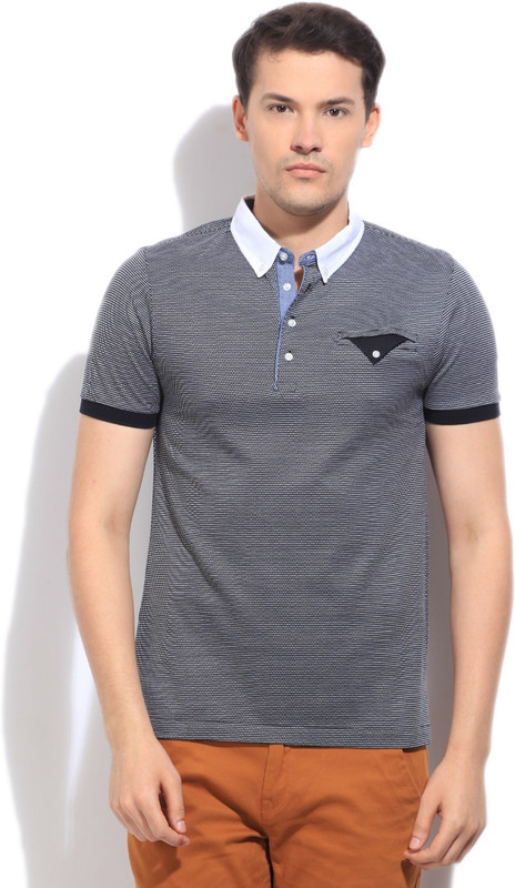 Arrow New York Self Design Men Polo Neck White, Black T-Shirt