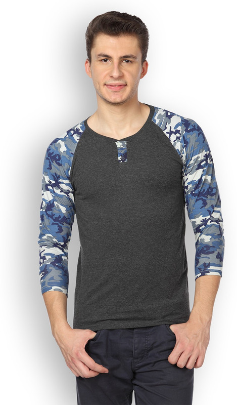 DIFFERENCE OF OPINION Solid Men Henley Blue T-Shirt