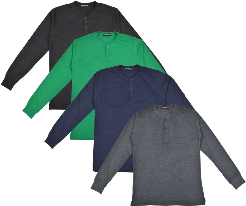 Pintapple Solid Men Henley Grey, Dark Blue, Green, Black T-Shirt(Pack of 4)