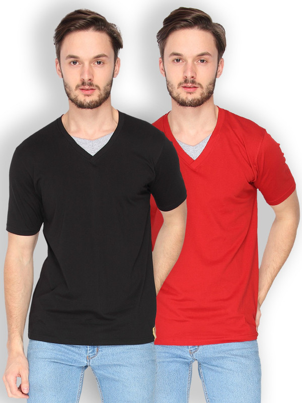 Campus Sutra Solid Men V-Neck Black, Red T-Shirt(Pack of 2)