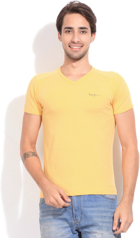 Pepe Jeans Solid Men V-neck Yellow T-Shirt