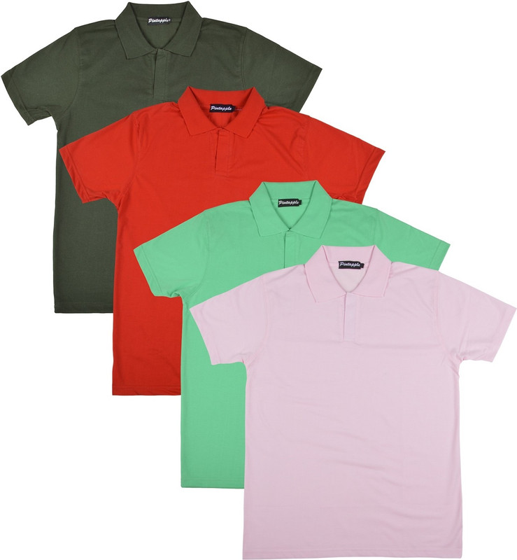 Pintapple Solid Men Polo Neck Pink, Light Green, Red, Dark Green T-Shirt(Pack of 4)