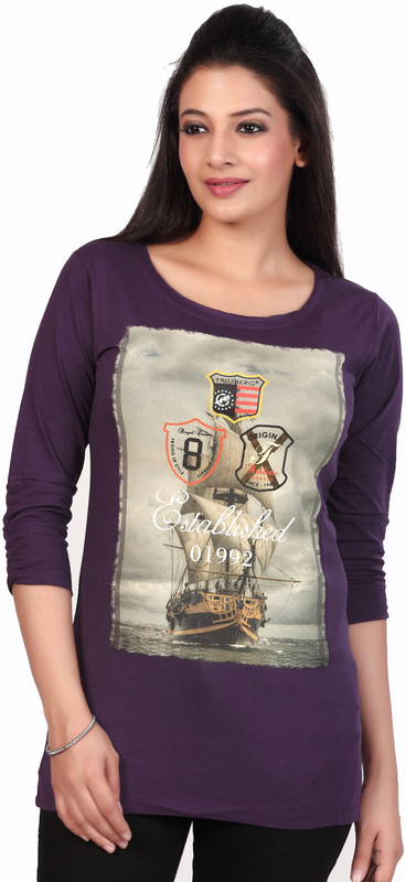 Fritzberg Printed Women Round Neck Purple T-Shirt