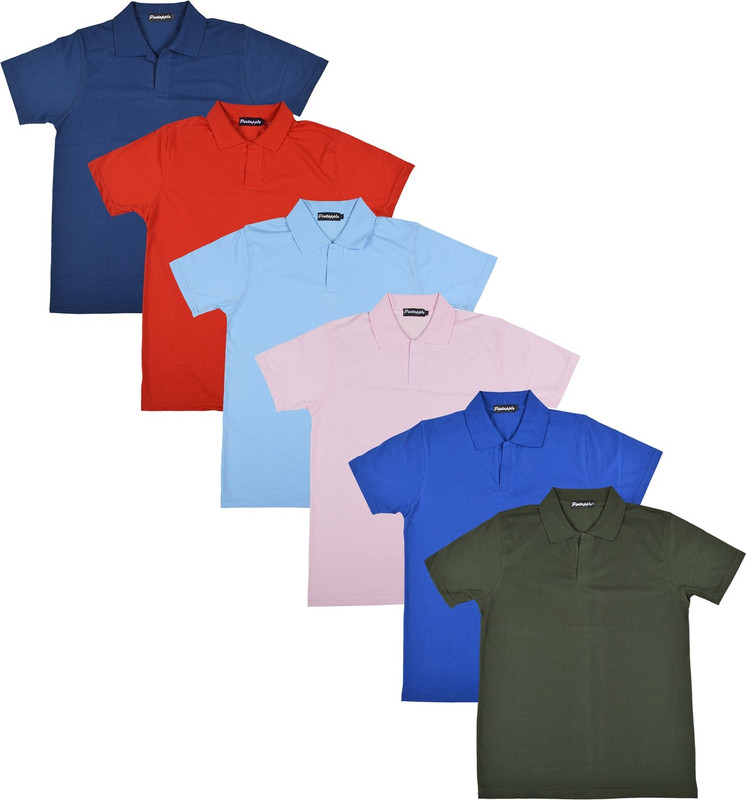 Pintapple Solid Men Polo Neck Blue, Pink, Light Blue, Red, Dark Blue, Dark Green T-Shirt(Pack of 6)