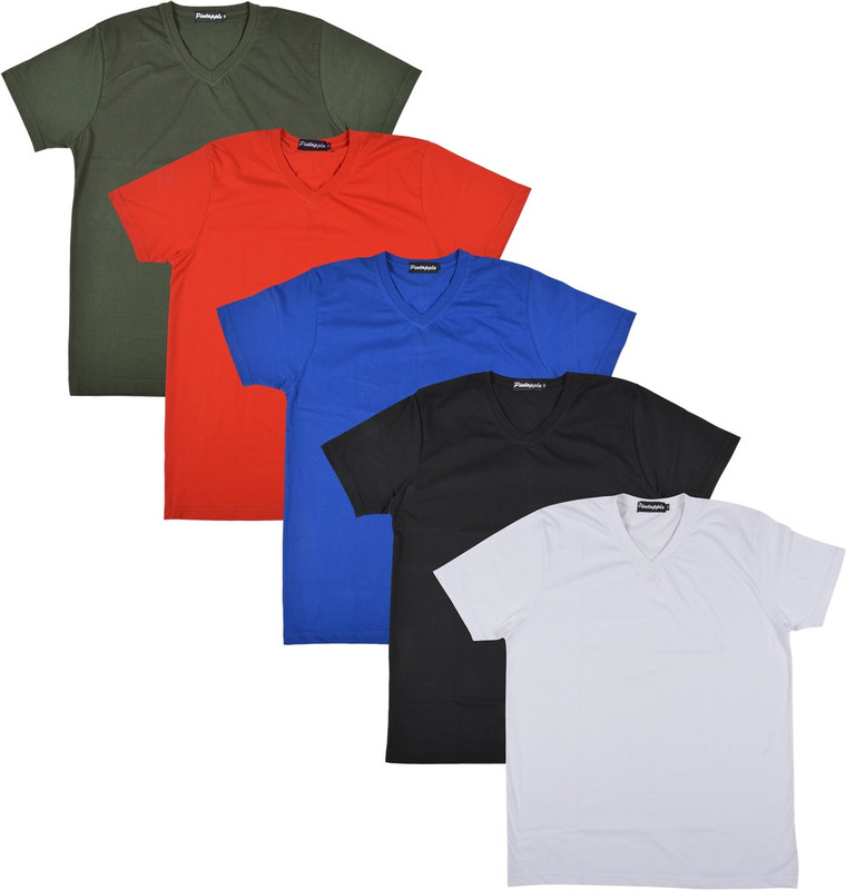 Pintapple Solid Men V-neck White, Black, Blue, Red, Dark Green T-Shirt(Pack of 5)