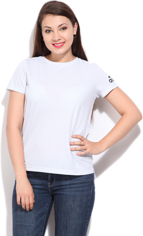 ADIDAS Solid Women Round Neck White T-Shirt
