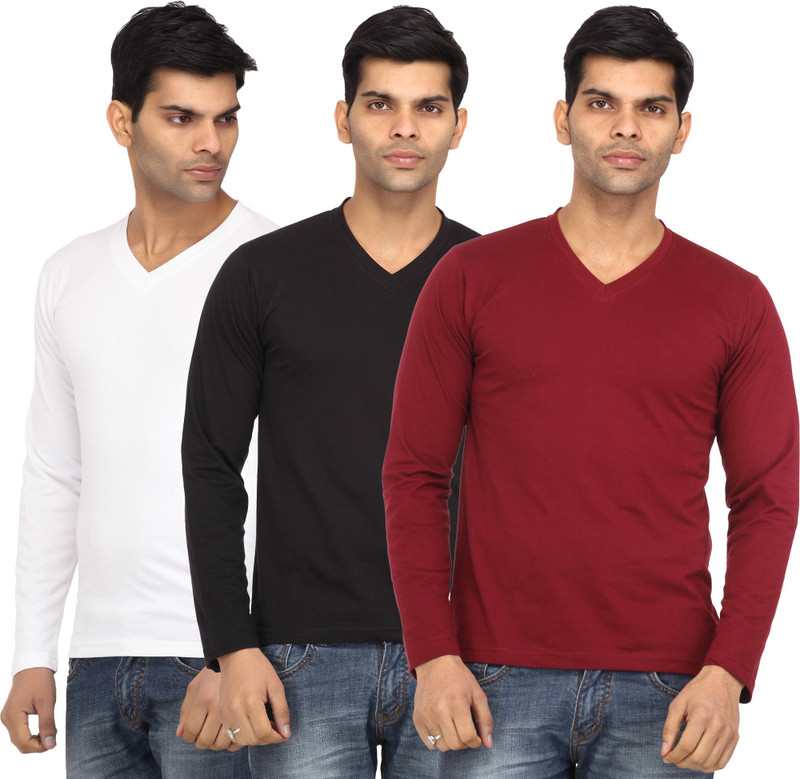 Leana Solid Men Round Neck Maroon, Black, White T-Shirt(Pack of 3)
