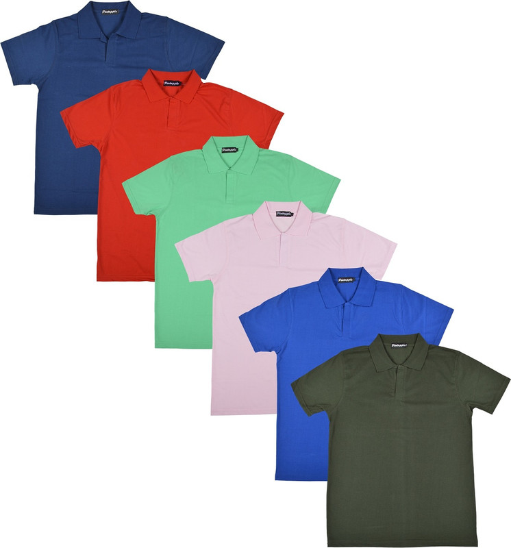 Pintapple Solid Men Polo Neck Blue, Pink, Light Green, Red, Dark Blue, Dark Green T-Shirt(Pack of 6)