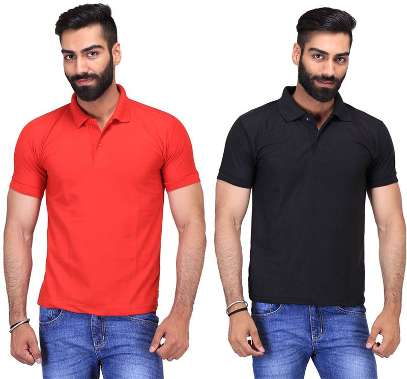 Fuego Solid Men Polo Neck Black, Red T-Shirt(Pack of 2)