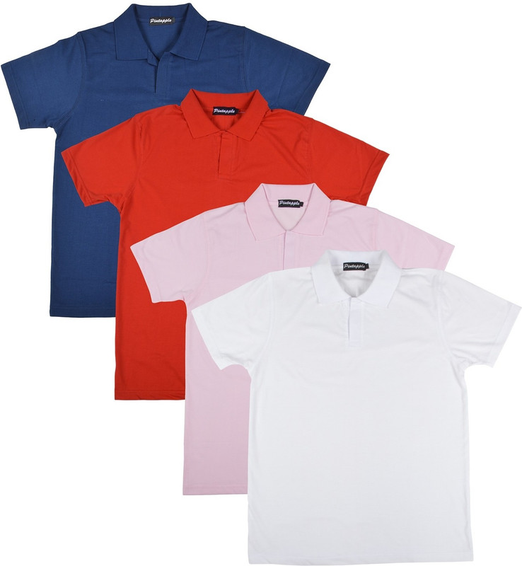 Pintapple Solid Men Polo Neck White, Pink, Red, Dark Blue T-Shirt(Pack of 4)