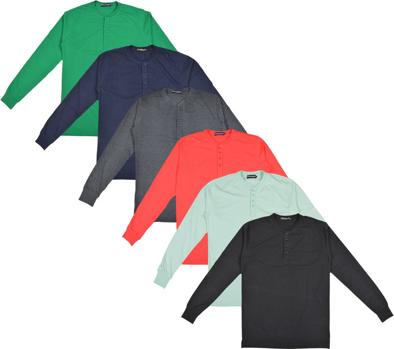 Pintapple Solid Men Henley Light Green, Red, Grey, Dark Blue, Green, Black T-Shirt(Pack of 6)