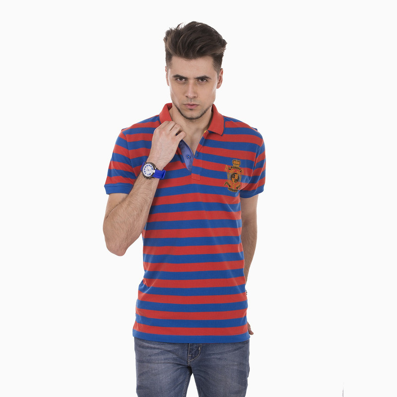 Okane Striped Men Polo Neck Orange T-Shirt