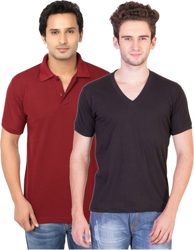 Keepsake Solid Men Polo Neck Maroon, Black T-Shirt(Pack of 2)