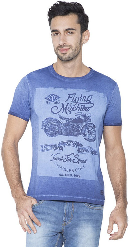 Flying Machine Graphic Print Men Round Neck Blue T-Shirt