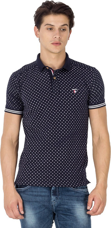 Mufti Polka Print Men Polo Neck Dark Blue T-Shirt