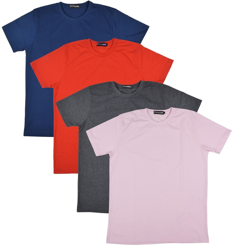 Pintapple Solid Men Round Neck Pink, Grey, Red, Dark Blue T-Shirt(Pack of 4)