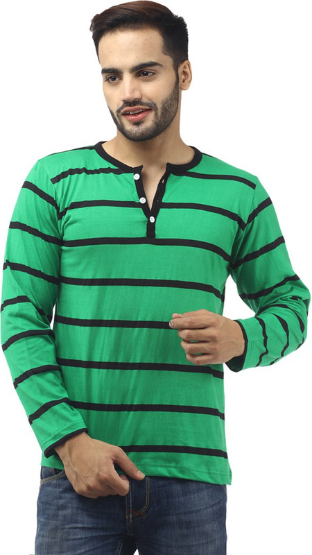 Leana Striped Men Henley Green, Black T-Shirt