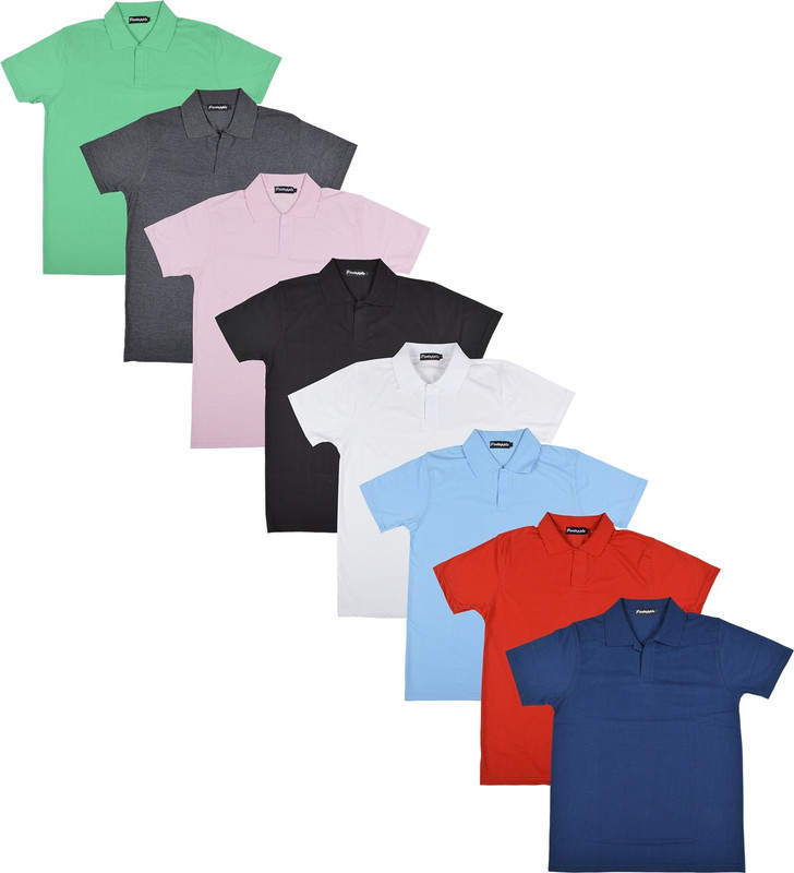 Pintapple Solid Men Polo Neck White, Black, Pink, Grey, Light Green, Light Blue, Red, Dark Blue T-Shirt(Pack of 8)