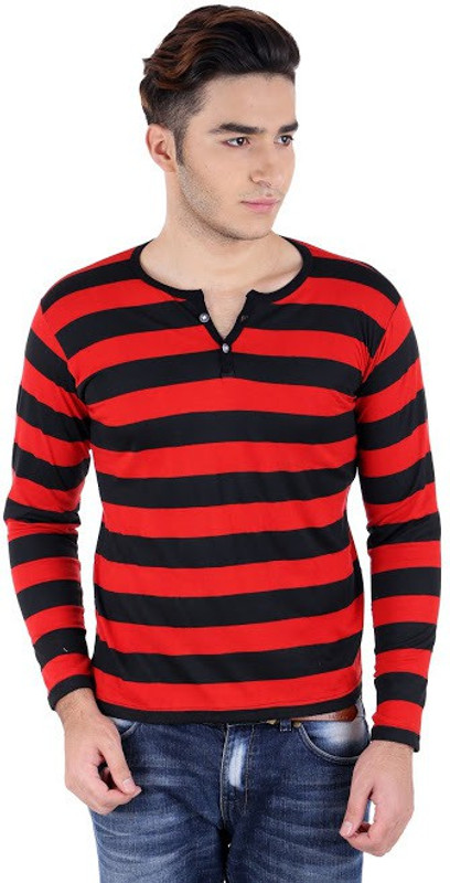 BigIdea Striped Men Henley Black, Red T-Shirt