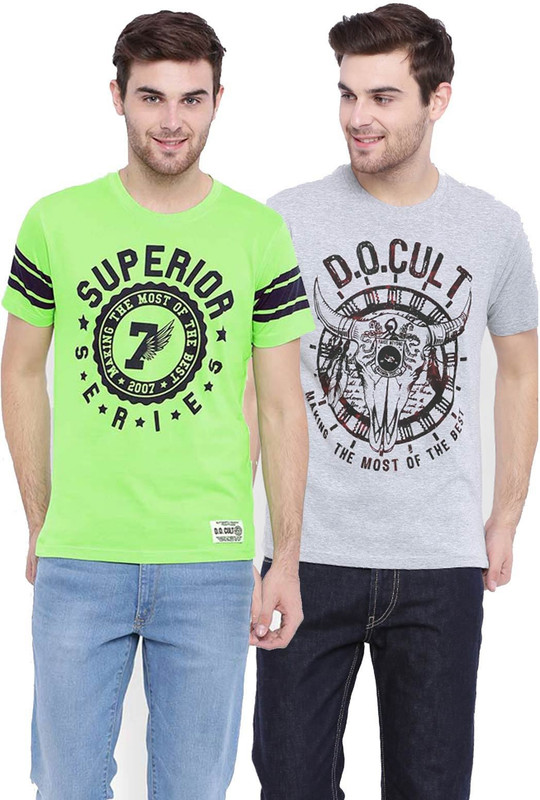 DIFFERENCE OF OPINION Printed Men Round Neck Light Green, Grey T-Shirt(Pack of 2)