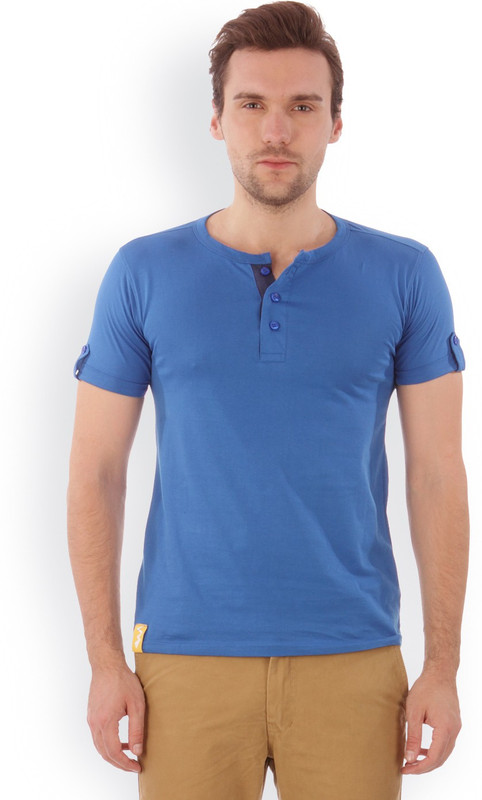 Campus Sutra Solid Men Henley Dark Blue T-Shirt