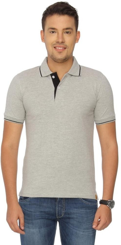 Campus Sutra Solid Men Polo Neck Grey T-Shirt
