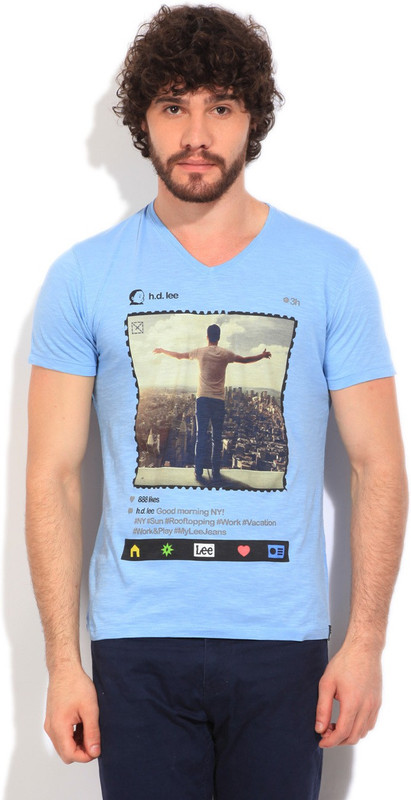 Lee Printed Men V-neck Blue T-Shirt