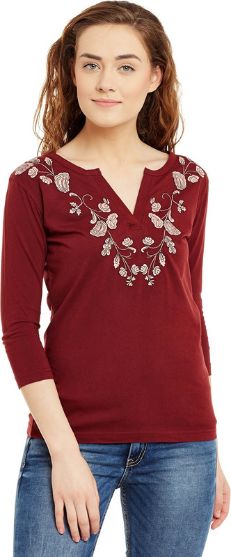 Hypernation Embroidered Women Scoop Neck Maroon T-Shirt