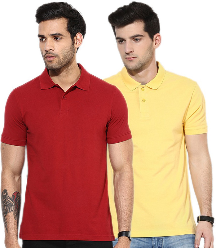 Go India Store Solid Men Polo Neck Maroon, Yellow T-Shirt(Pack of 2)