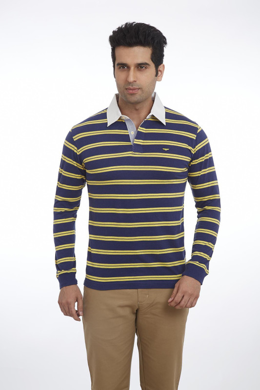 Park Avenue Striped Men Polo Neck Blue T-Shirt