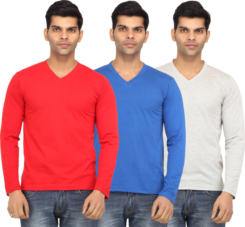 Leana Solid Men Round Neck Red, Blue, Grey T-Shirt(Pack of 3)