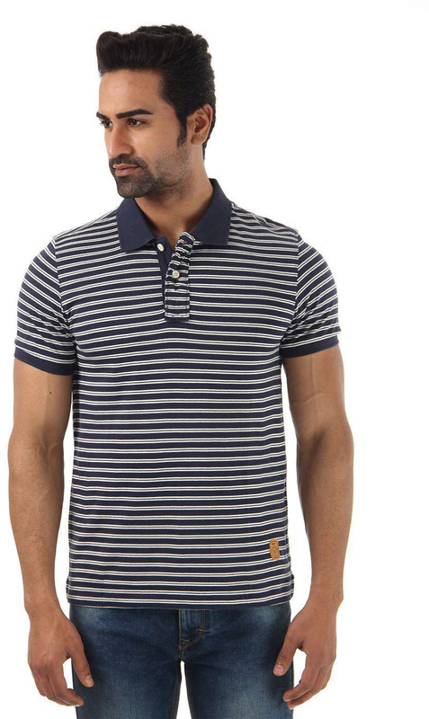 Flying Machine Striped Men Polo Neck Dark Blue T-Shirt