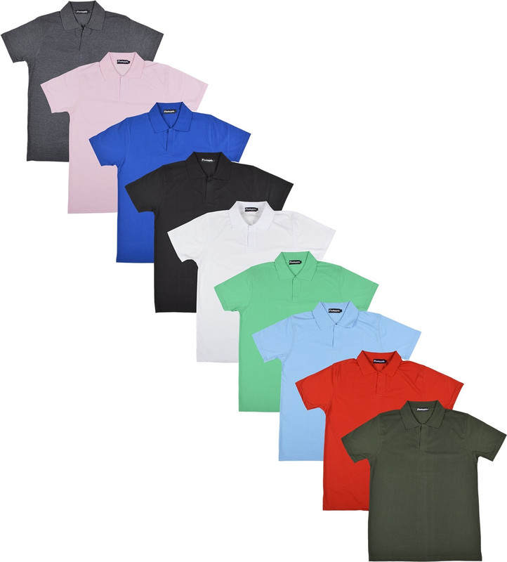 Pintapple Solid Men Polo Neck White, Black, Blue, Pink, Grey, Light Green, Light Blue, Red, Dark Green T-Shirt(Pack of 9)