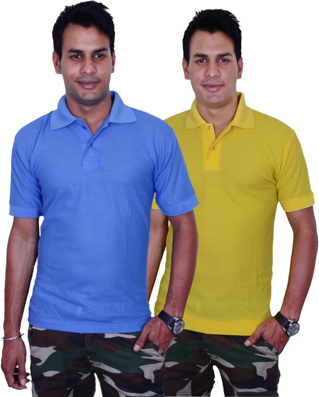 Blaze Solid Men Polo Neck Blue, Yellow T-Shirt(Pack of 2)