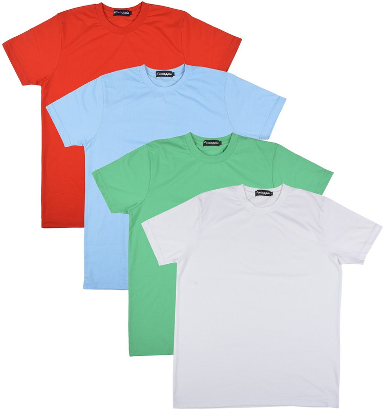 Pintapple Solid Men Round Neck White, Light Green, Light Blue, Red T-Shirt(Pack of 4)