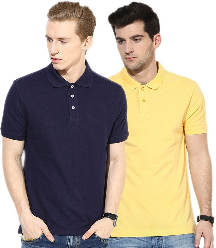 Go India Store Solid Men Polo Neck Dark Blue, Yellow T-Shirt(Pack of 2)