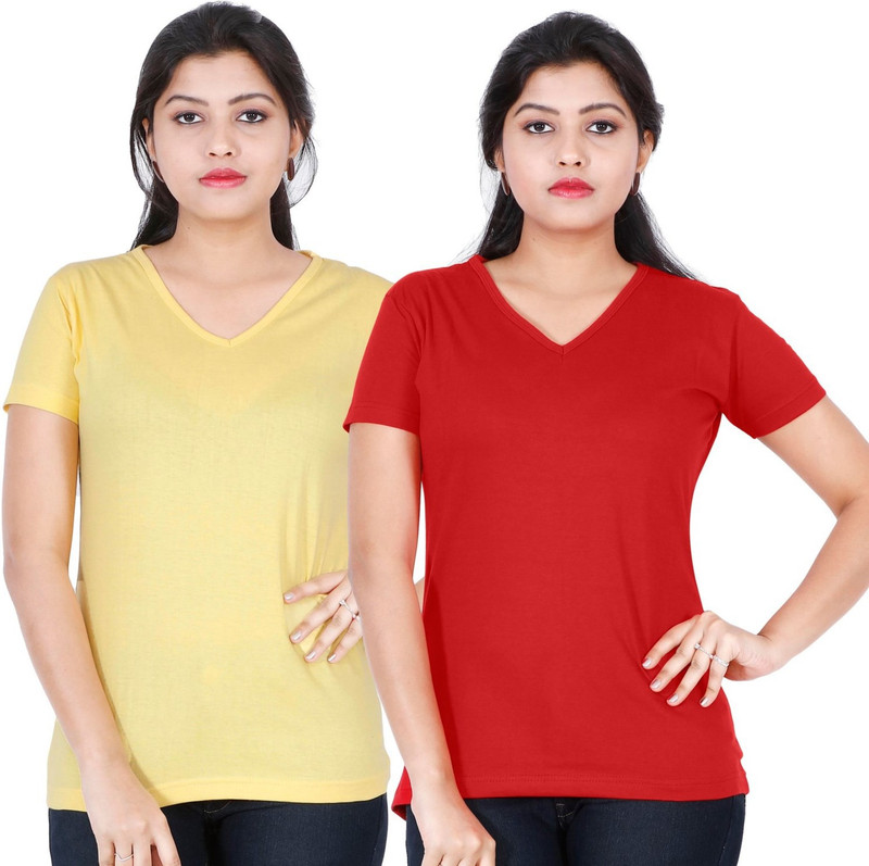 FLEXIMAA Solid Women V-neck Yellow, Red T-Shirt(Pack of 2)