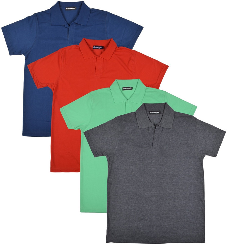 Pintapple Solid Men Polo Neck Grey, Light Green, Red, Dark Blue T-Shirt(Pack of 4)