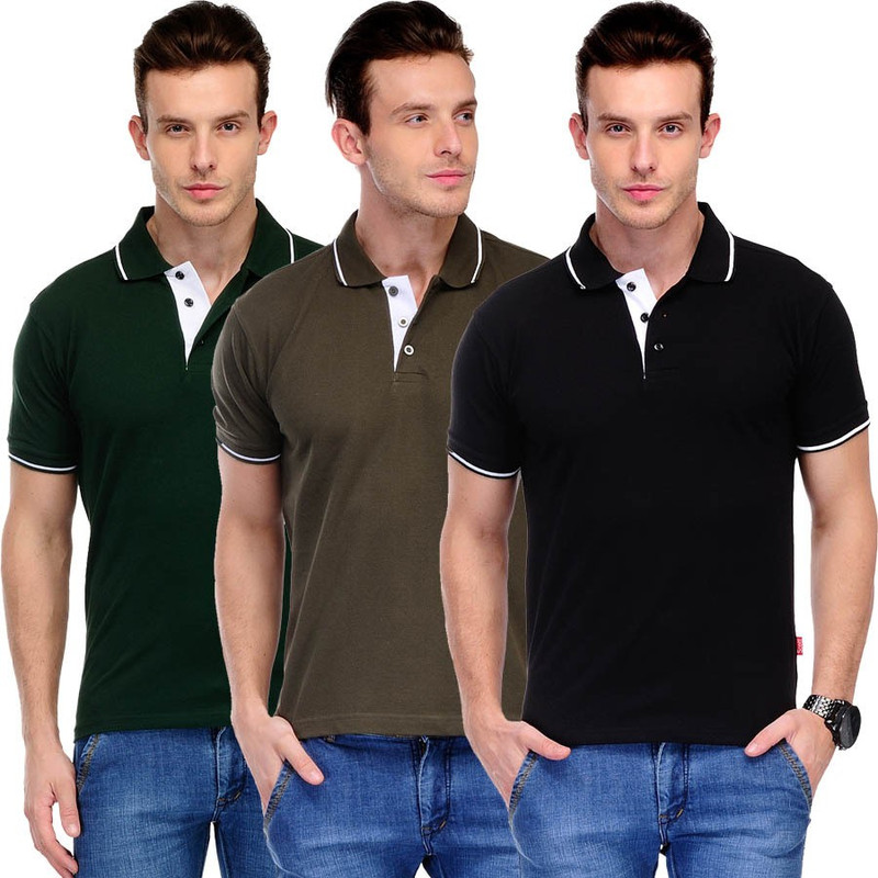 Scott International Solid Men Polo Neck Dark Green, White, Black T-Shirt(Pack of 3)