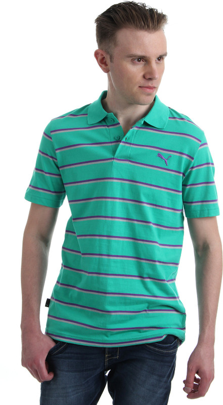 Puma Striped Men Polo Neck Green T-Shirt