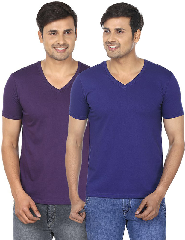 FM Fashionmania Solid Men V-neck Purple, Dark Blue T-Shirt(Pack of 2)