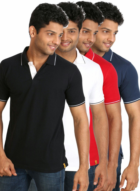 Campus Sutra Solid Men Polo Neck Black, Dark Blue, White, Red T-Shirt(Pack of 4)