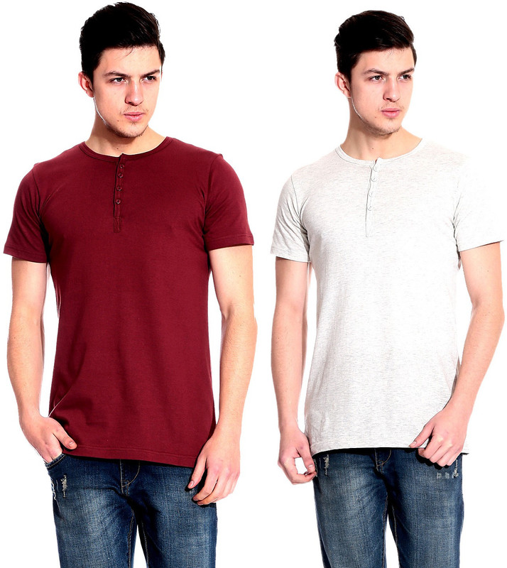 Lemon & Vodka Solid Men Henley Maroon, Silver T-Shirt(Pack of 2)