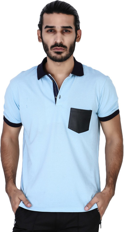 Mr Button Solid Men Polo Neck Light Blue T-Shirt