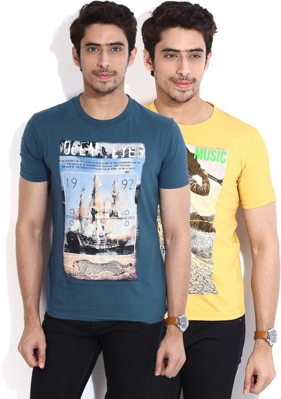 Fort Collins Printed Men Round Neck Blue, Yellow T-Shirt(Pack of 2)