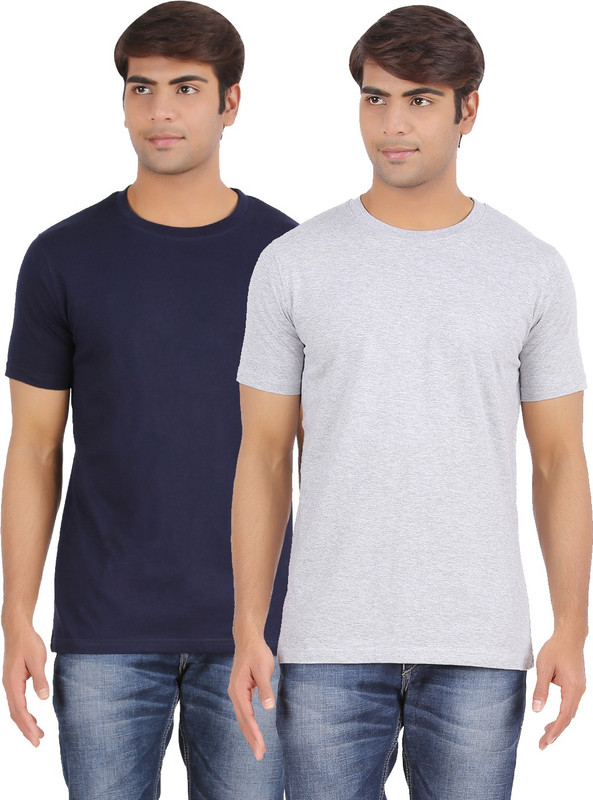 Ap'pulse Solid Men Round or Crew Dark Blue, Grey T-Shirt(Pack of 2)