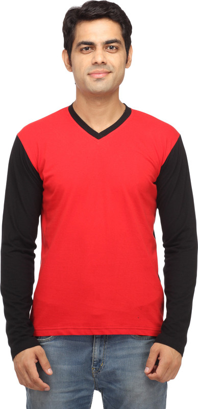 Leana Solid Men Round Neck Red, Black T-Shirt