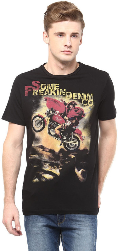 SF Jeans by Pantaloons Solid Men Round Neck Black T-Shirt