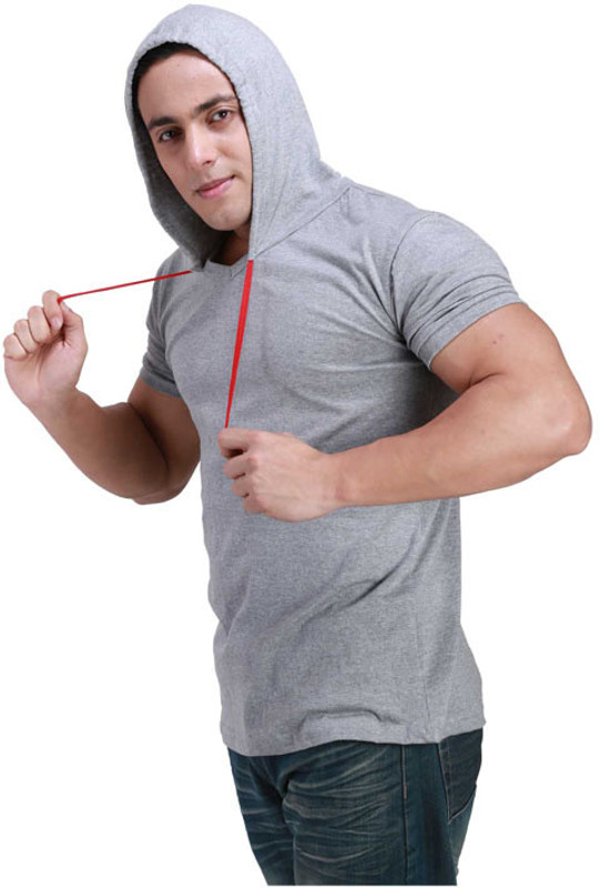 Inkovy Solid Men Hooded Grey T-Shirt